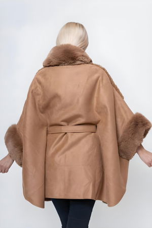 Poncho elegant camel, cu blana artificiala si cordon [1]