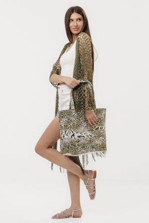 Poncho kaki din plasa cu fir auriu si franjuri lungi [8]
