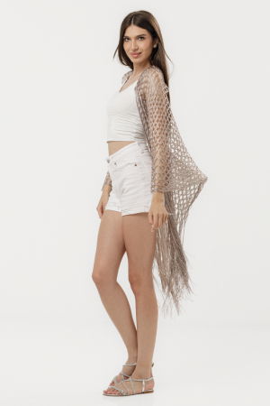 Poncho bej fango din plasa cu fir argintiu si franjuri lungi [2]