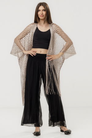 Îmbrăcăminte - Poncho bej fango din plasa cu fir argintiu si franjuri lungi