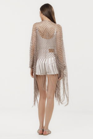 Poncho bej fango din plasa cu fir argintiu si franjuri lungi [3]