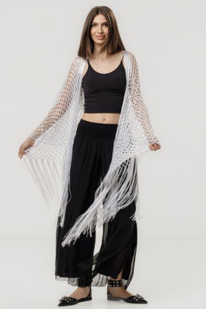 Poncho alb din plasa cu fir argintiu si franjuri lungi [2]