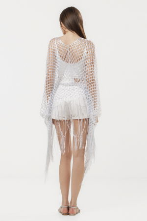 Poncho alb din plasa cu fir argintiu si franjuri lungi [8]