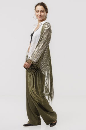 Poncho kaki din plasa cu fir auriu si franjuri lungi [1]