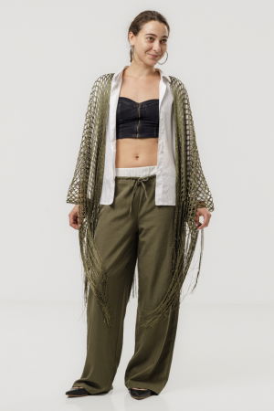 Poncho kaki din plasa cu fir auriu si franjuri lungi [9]