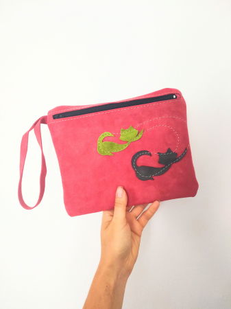Portfard din piele naturală roșie ,cu pisicuțe , unicat [0]