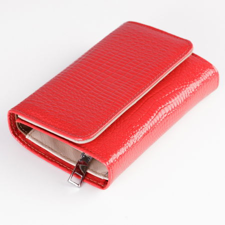 Portofel din piele naturala lucioasa, cu aspect piele de sarpe si capse interioare, rosu [1]