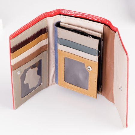 Portofel din piele naturala lucioasa, cu aspect piele de sarpe si capse interioare, rosu [2]