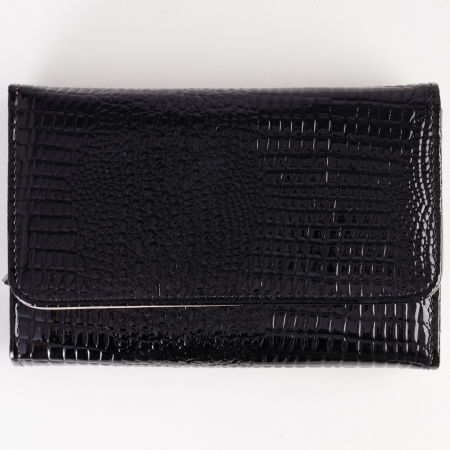 Portofele - Portofel din piele naturala lucioasa, cu aspect piele de sarpe si capse interioare, negru