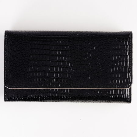 Portofele - Portofel din piele naturala lucioasa, cu aspect piele de sarpe si prindere cu capsa, negru