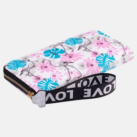 ACCESORII DAMĂ - Portofel imprimeu flamingo si flori roz pe fond alb
