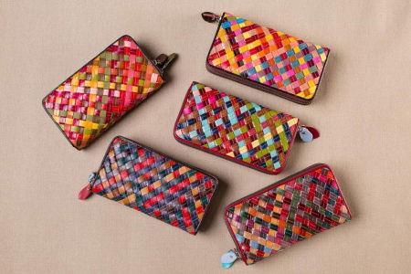 Portofel multicolor din piele naturala impletita, cu doua fermoare [4]