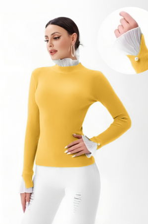 Pulovere - Pulover galben cu volanas plisat la maneca si la gat