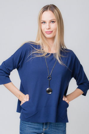 Pulovere - Pulover bleumarin, din vascoza, cu buzunare aplicate