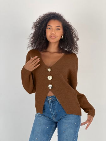 Pulover coniac, moale cu trei nasturi mari aurii, oversize [1]