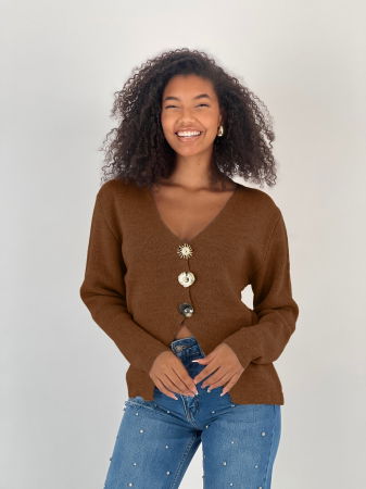 Pulovere - Pulover coniac, moale cu trei nasturi mari aurii, oversize