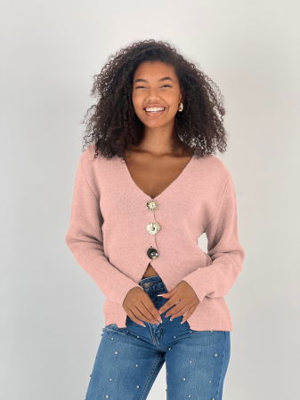 Pulovere - Pulover roz, moale si fin cu trei nasturi mari aurii, oversize