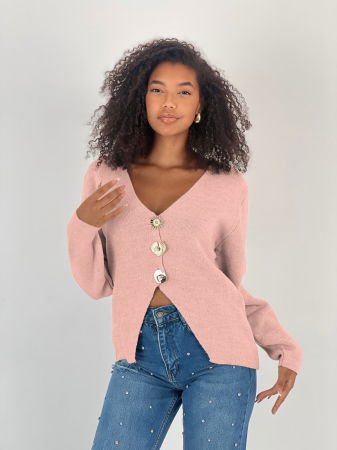 Pulover roz, moale si fin cu trei nasturi mari aurii, oversize [1]
