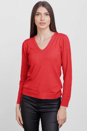 Pulovere - Pulover cu decolteu V, din vascoza, rosu