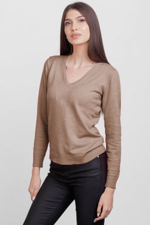 Pulover cu decolteu V, din vascoza, bej inchis [1]