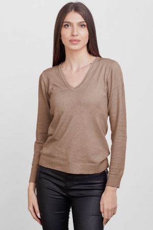 Pulovere - Pulover cu decolteu V, din vascoza, bej inchis