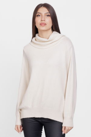 ÎMBRĂCĂMINTE - Pulover cu guler inalt elegant, din vascoza si lana, ivoriu