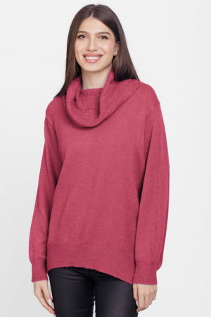 ÎMBRĂCĂMINTE - Pulover cu guler inalt elegant, din vascoza si lana, roz inchis