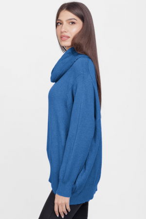 Pulover cu guler inalt elegant, din vascoza si lana, albastru [1]