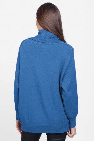Pulover cu guler inalt elegant, din vascoza si lana, albastru [2]