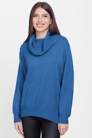ÎMBRĂCĂMINTE - Pulover cu guler inalt elegant, din vascoza si lana, albastru