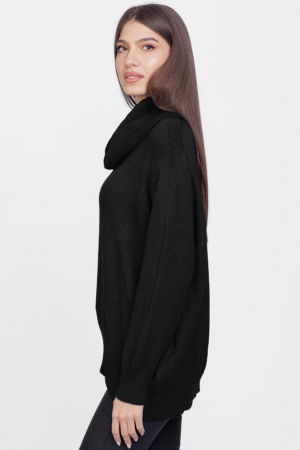 Pulover cu guler inalt elegant, din vascoza si lana, negru [1]
