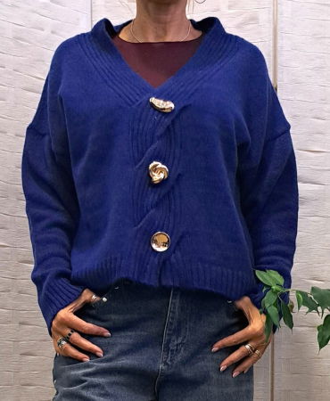 Pulovere - Pulover cu nasturi decorativi impletitura decorativa pe piept si decolteu in V, albastru electric