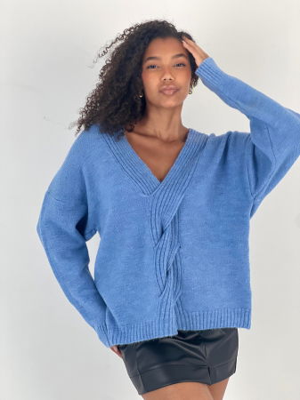 Pulover cu impletitura decorativa pe piept si decolteu in V, bleu [2]
