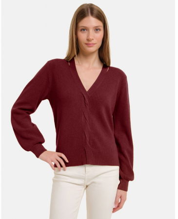 Pulovere - Pulover cu impletitura decorativa si decolteu in V, bordo