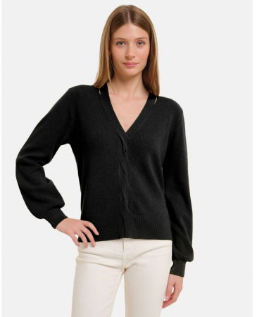 Pulovere - Pulover cu impletitura decorativa si decolteu in V, negru
