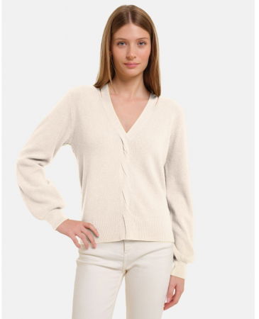 ÎMBRĂCĂMINTE - Pulover cu impletitura decorativa si decolteu in V, alb