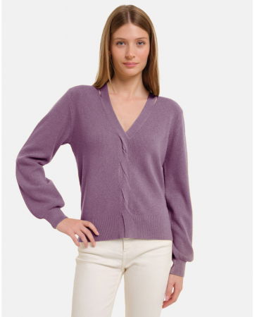 Pulovere - Pulover cu impletitura decorativa si decolteu in V, mov lavanda