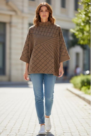 ÎMBRĂCĂMINTE - Pulover  cu jocuri de linii  negre pe fond bej inchis