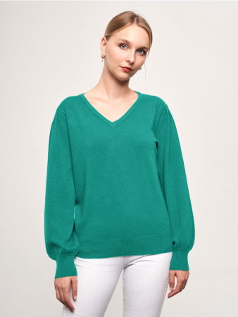 Pulovere - Pulover cu maneca bufanta si decolteu in V, din tricotaj fin, turcoaz