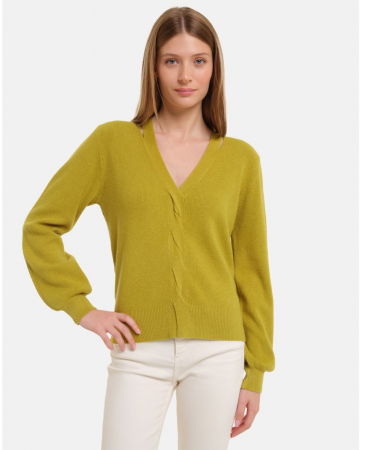 Pulovere - Pulover cu impletitura decorativa si decolteu in V, verde oliv