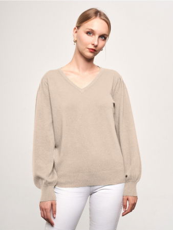 Pulovere - Pulover cu maneca bufanta si decolteu in V, din tricotaj fin, bej