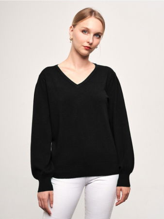 Pulovere - Pulover cu maneca bufanta si decolteu in V, din tricotaj fin, negru