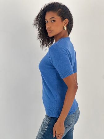 Pulover moale si fin cu maneca scurta, la baza gatului, bleu [2]