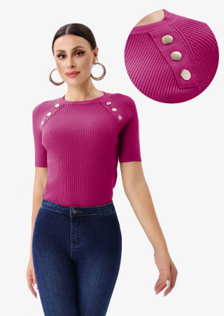 ÎMBRĂCĂMINTE - Pulover cu maneca scurta si nasturi metalici decorativi, mov zmeura