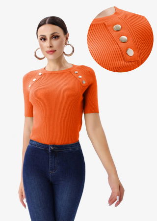 ÎMBRĂCĂMINTE - Pulover cu maneca scurta si nasturi metalici decorativi, portocaliu