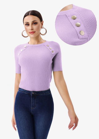 Pulovere - Pulover cu maneca scurta si nasturi metalici decorativi, lila
