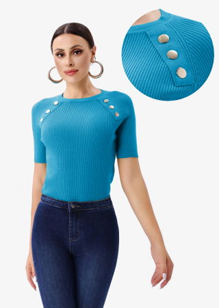 Pulovere - Pulover cu maneca scurta si nasturi metalici decorativi, albastru