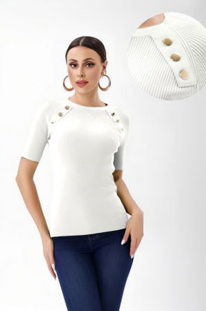 ÎMBRĂCĂMINTE - Pulover cu maneca scurta si nasturi metalici decorativi, alb