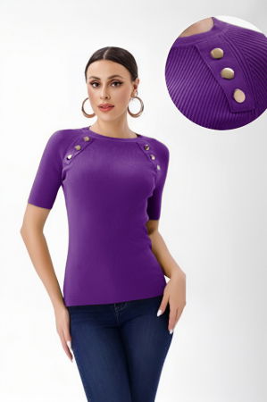 Pulovere - Pulover cu maneca scurta si nasturi metalici decorativi, mov