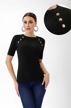 Pulovere - Pulover cu maneca scurta si nasturi metalici decorativi, negru